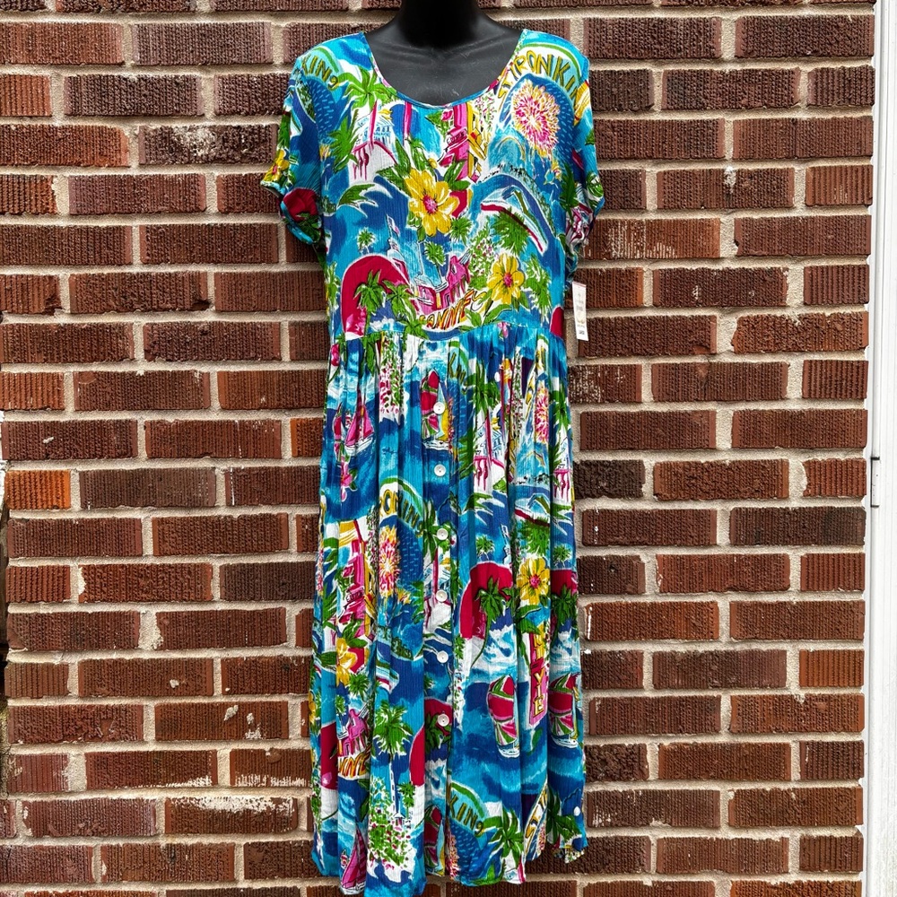 Bila NWT Womens Large Floral Scenic Beach Ocean Floral Hibiscus Hawaiian Dress